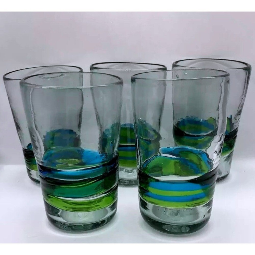 5 Hand Blown Art Glass Drinking Tumblers 16 oz Cobalt Blue Aqua Green Rings EXC